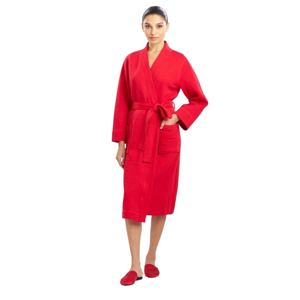 Natori Robe Womens S Quilted Infinity Red Textured Knit Loungewear Tie Belt